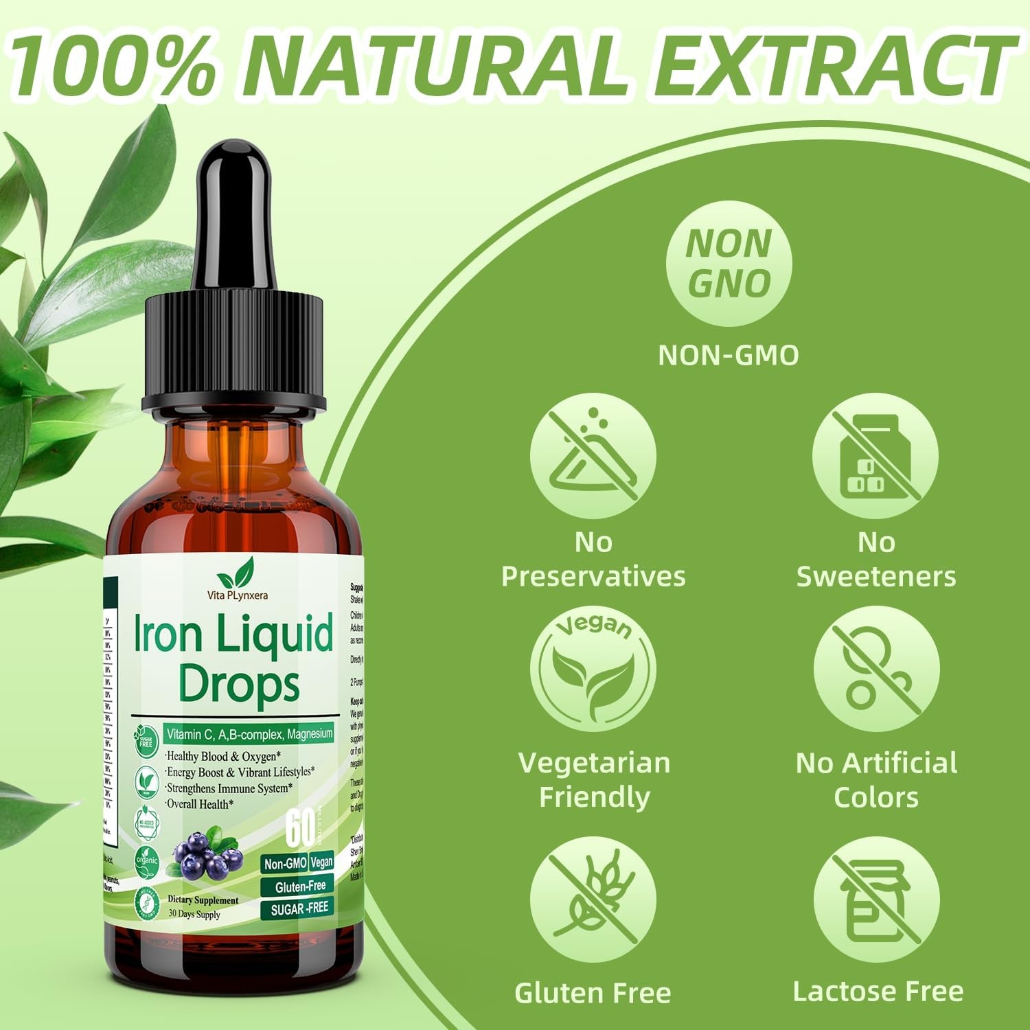 Liquid Iron Supplement for Women Men & Kids, Vegan Iron Drops with Vitamin C D,