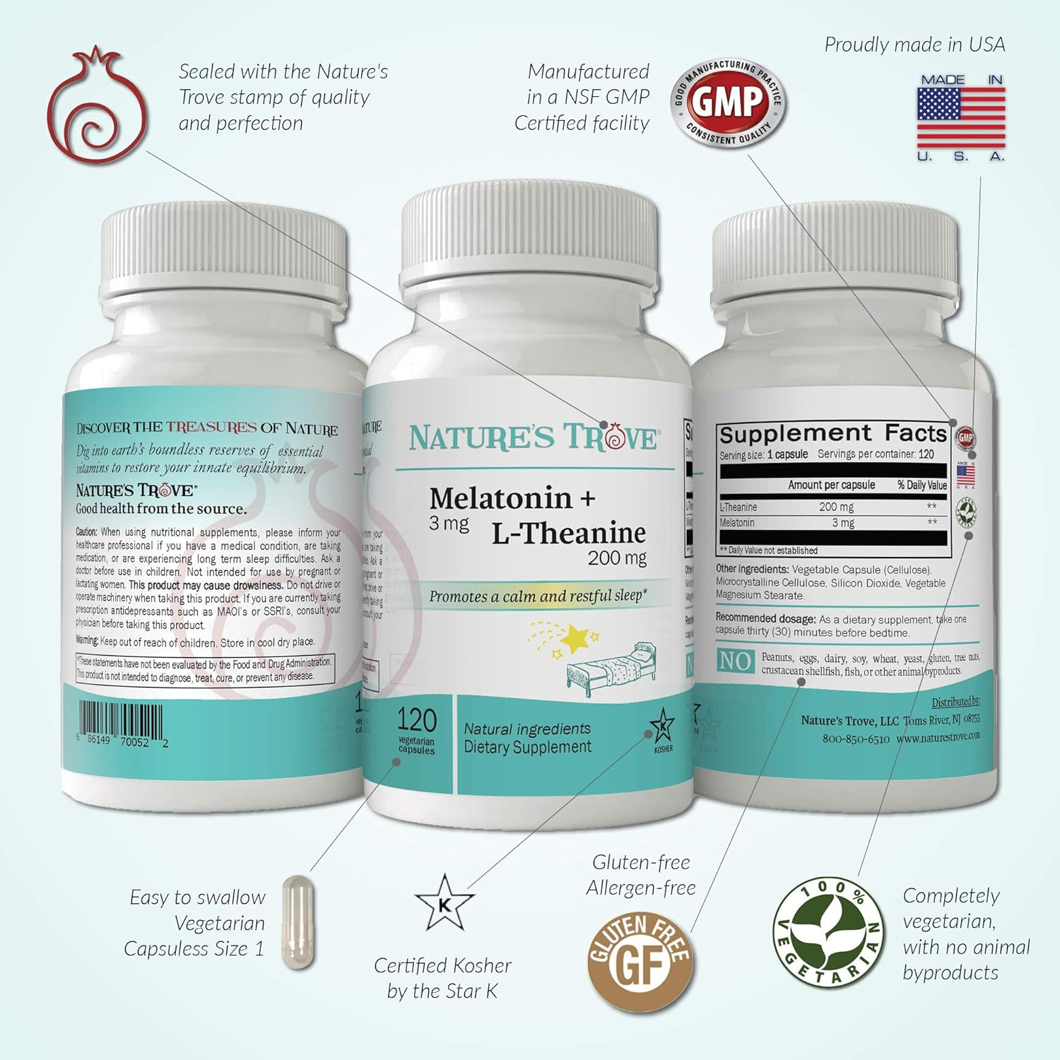 Nature’s Trove Melatonin 3mg + L Theanine 200mg – Calm and Relaxation – 120…