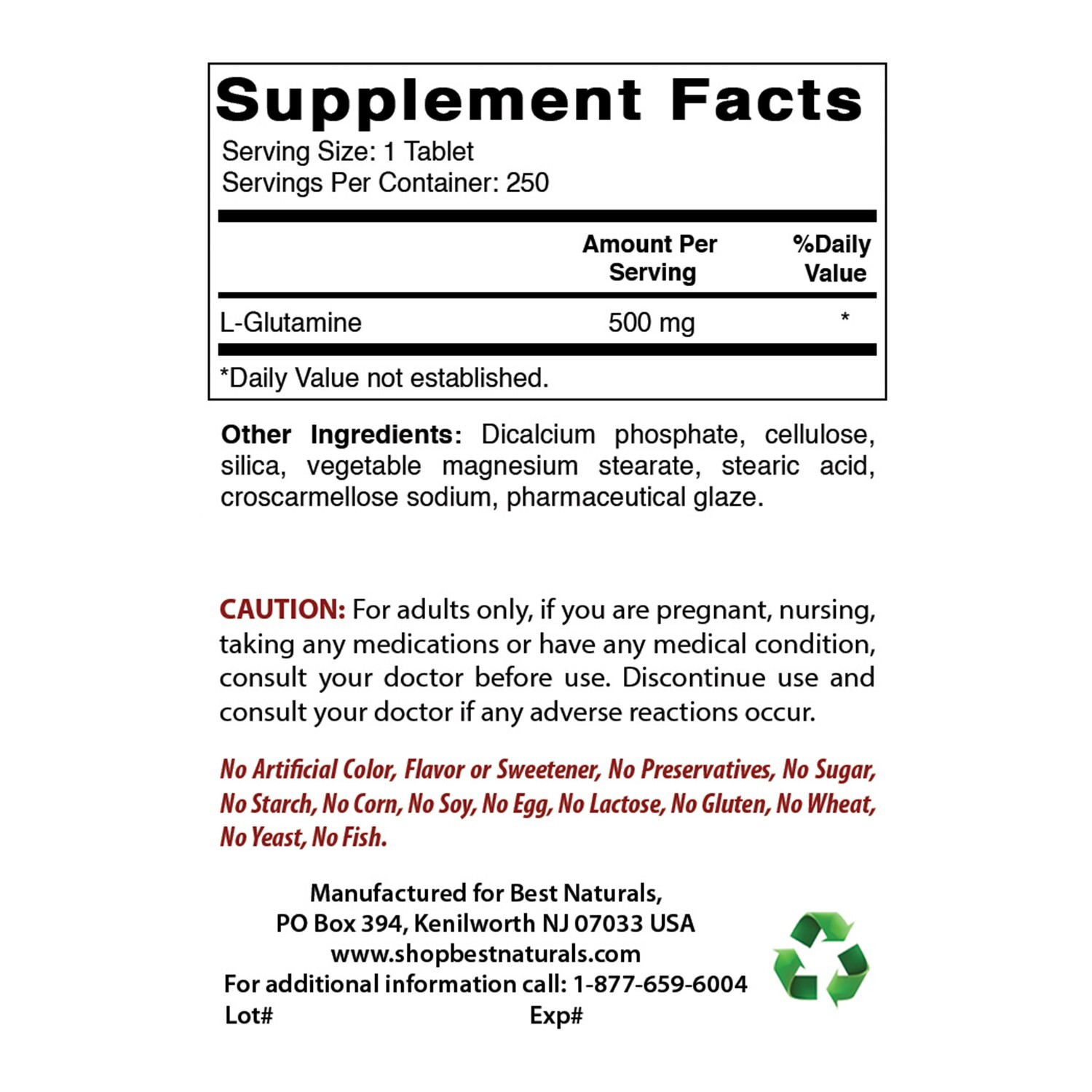 Best Naturals L-Glutamine 500mg, 250 Tablets