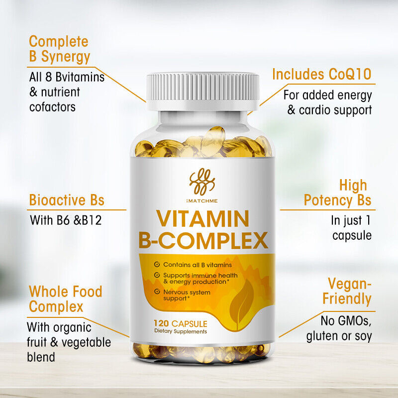 Vitamin B Complex 120 Capsules B1,B2,B3,B5,B6,B7,B9,B12, Immune Support Pills