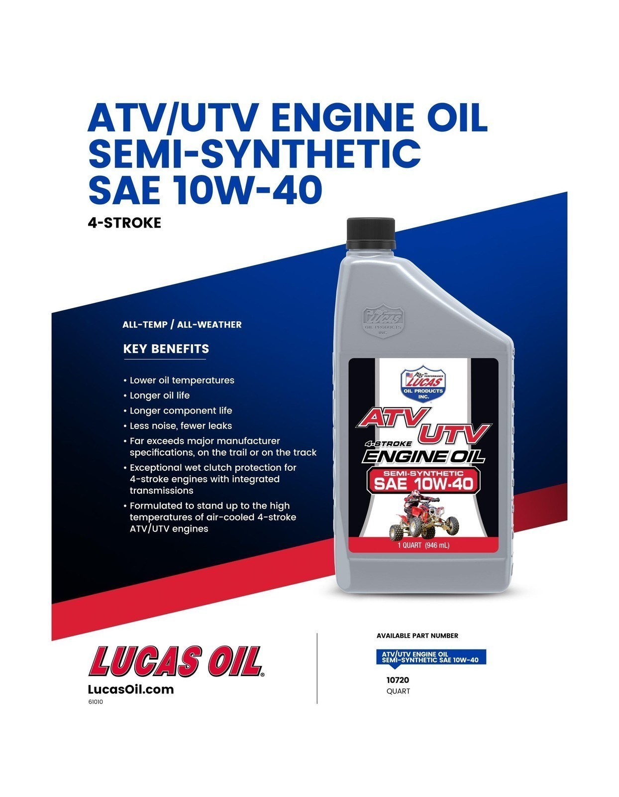 Semi-Synthetic ATV Engine Oil – SAE 10W-40 – 1 Quart Bottles, Pack of 6