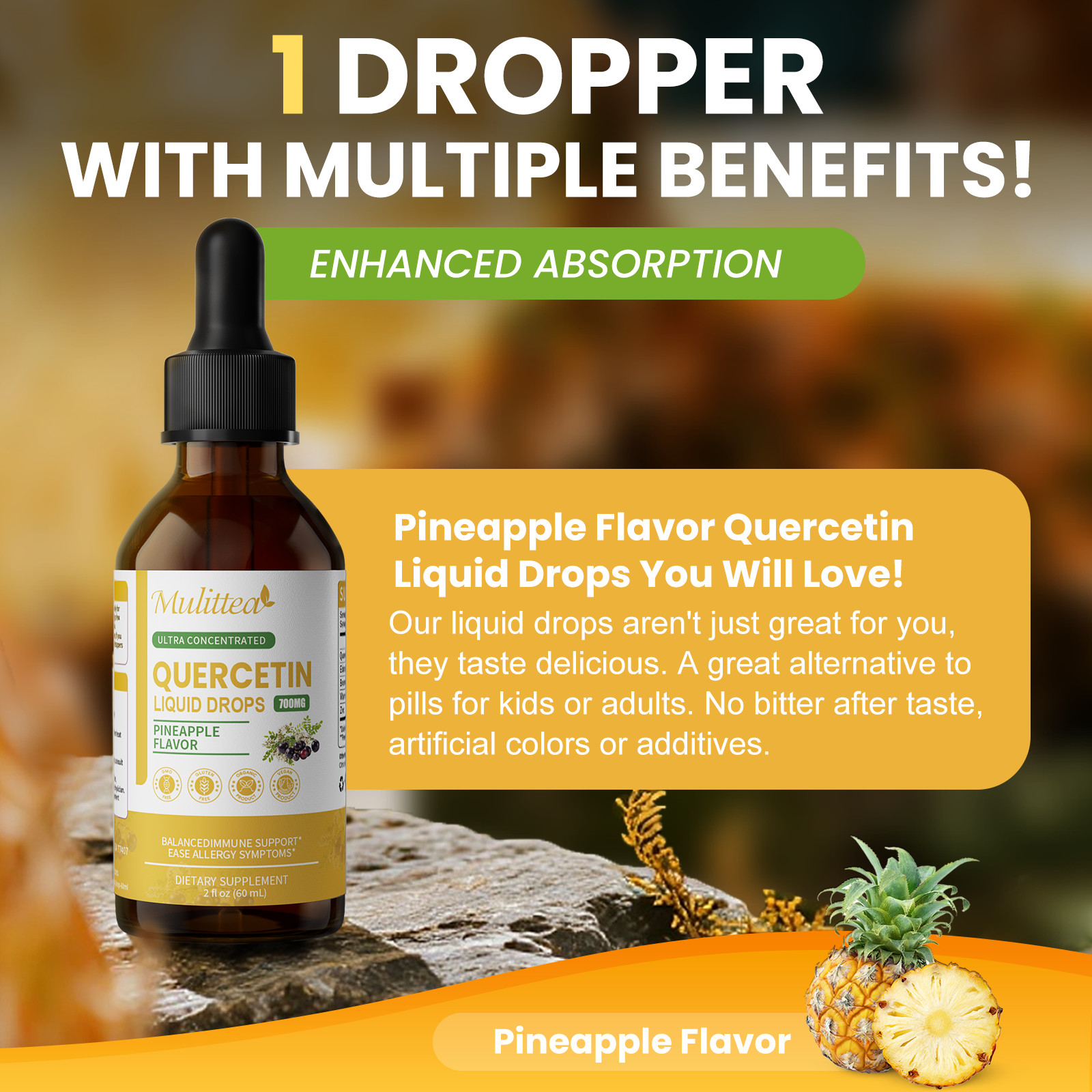 Vegan Quercetin Liquid Drops with Zinc, Bromelain-Immunity Respiratory Wellness