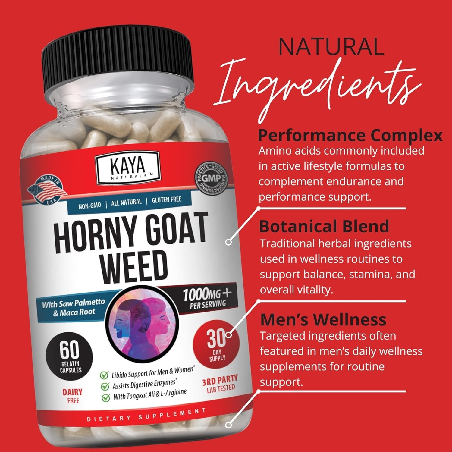 Horney Goat Weed for Men & Women-with Maca, Saw Palmetto, Ginseng, L-Arginine 60