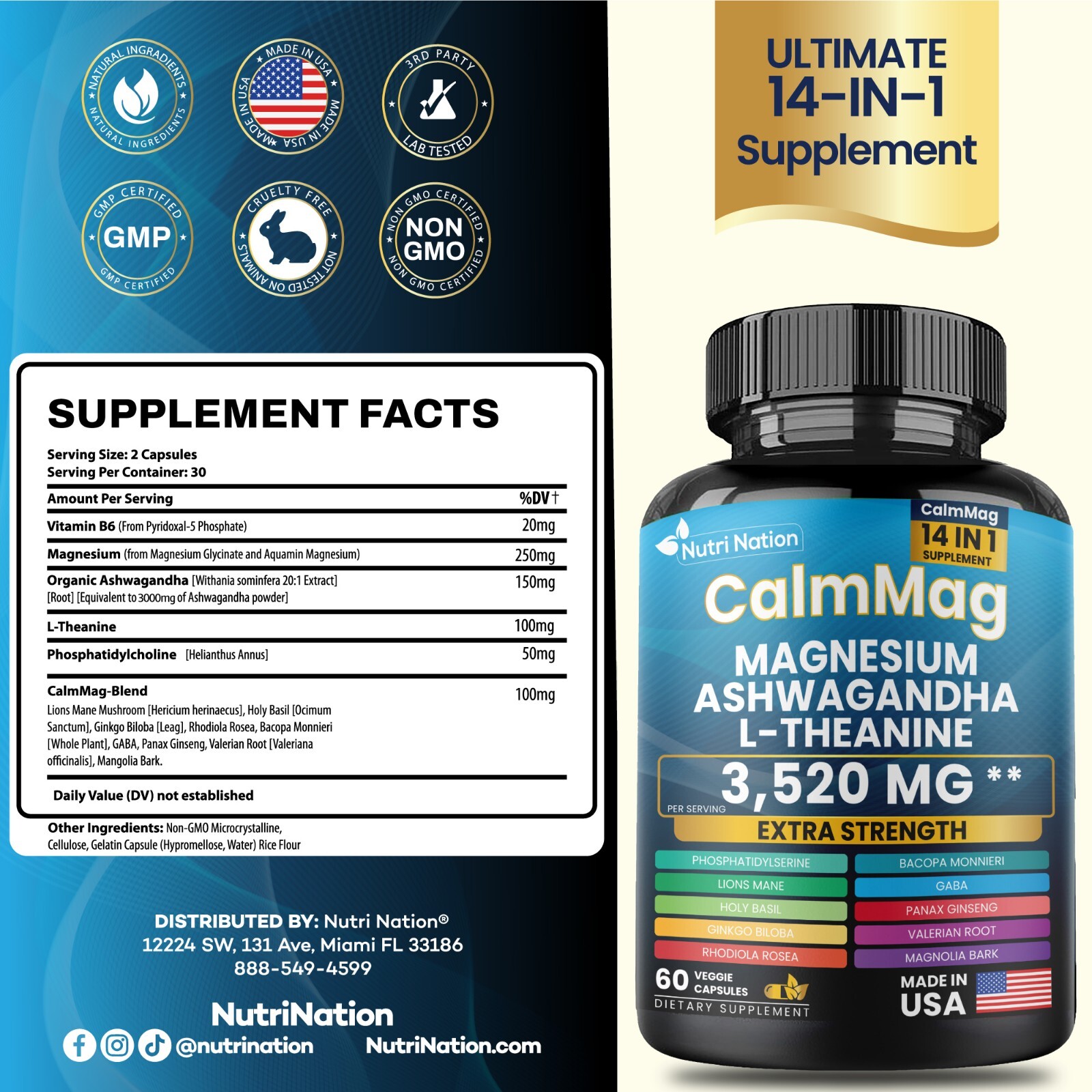 Cortisol Magnesium Supplement Glycinate 250mg L-Theanine 150mg Ashwagandha 150mg