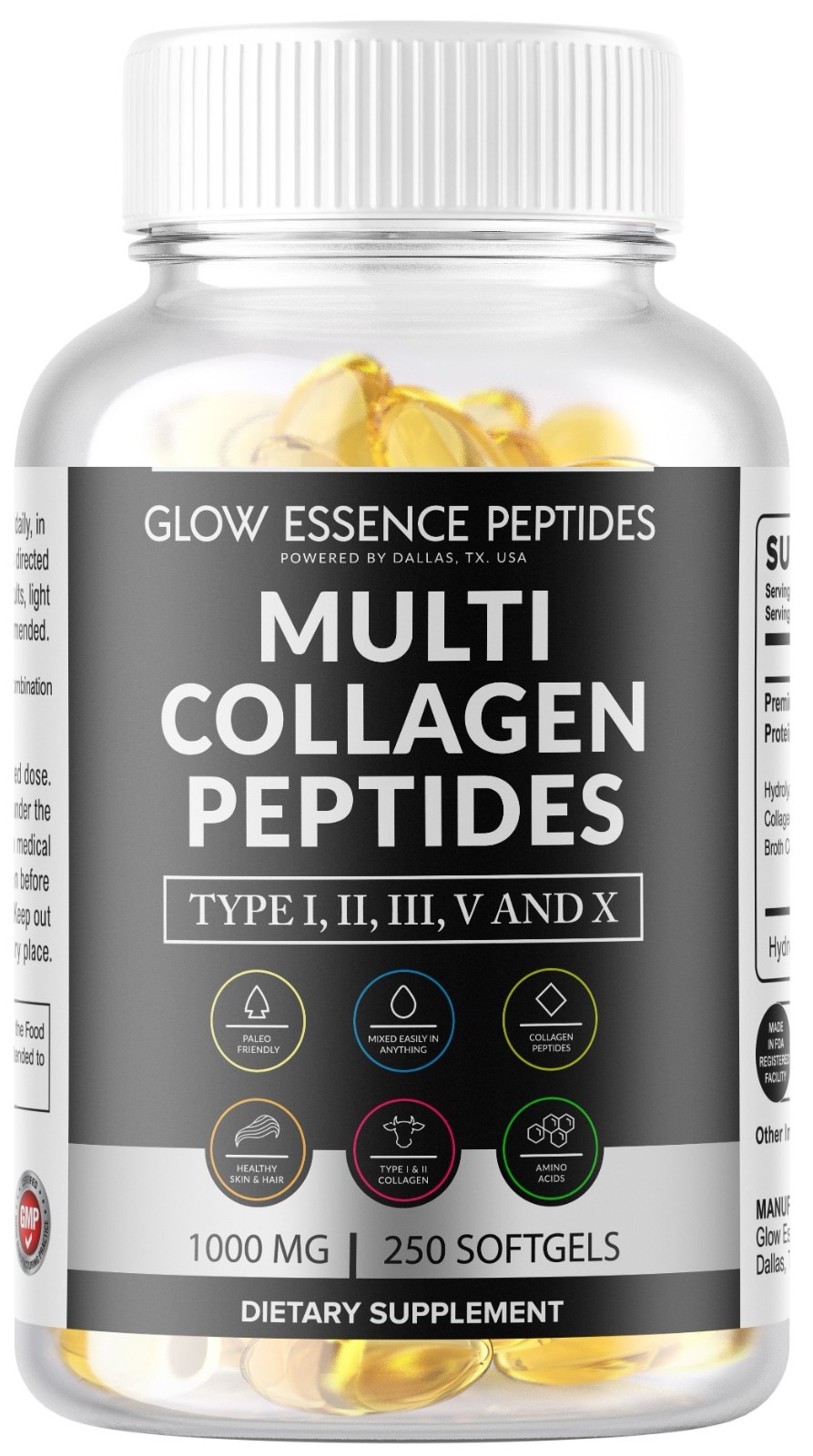 Collagen Peptides pills 1000mg Hydrolyzed Collagen i, ii,iii,V,X 250 Softgels