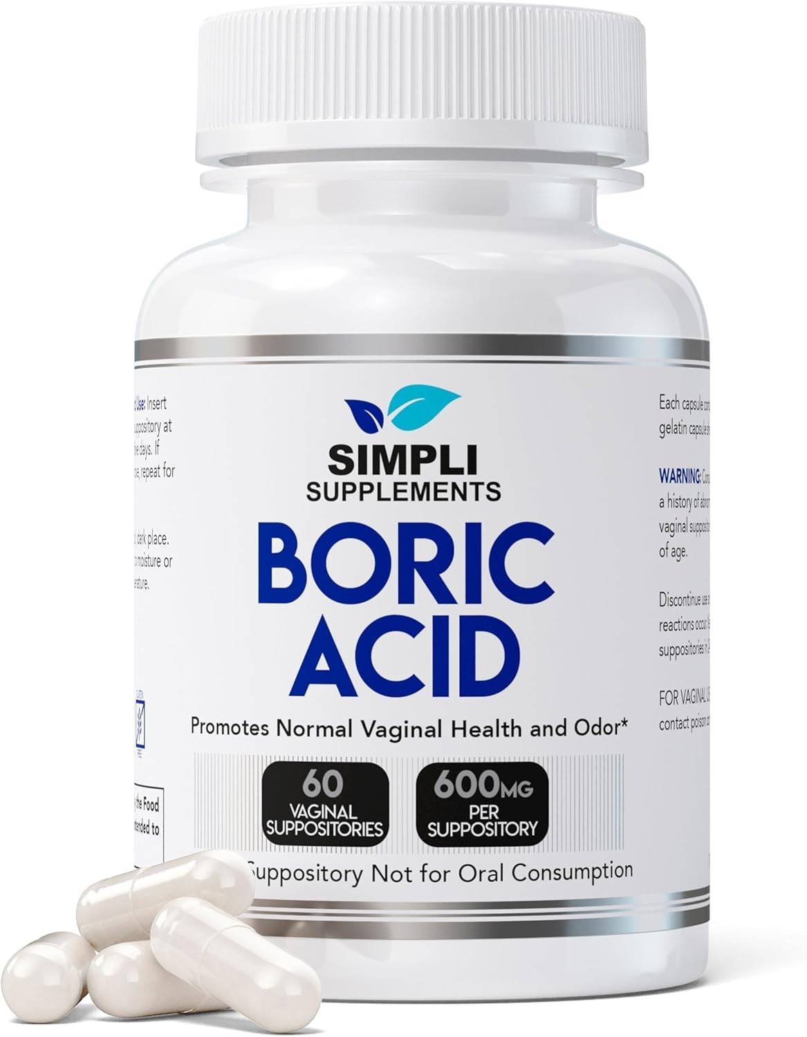 Simpli Supplements Boric Acid Suppositories Women 600mg 60 Count Feminine Care