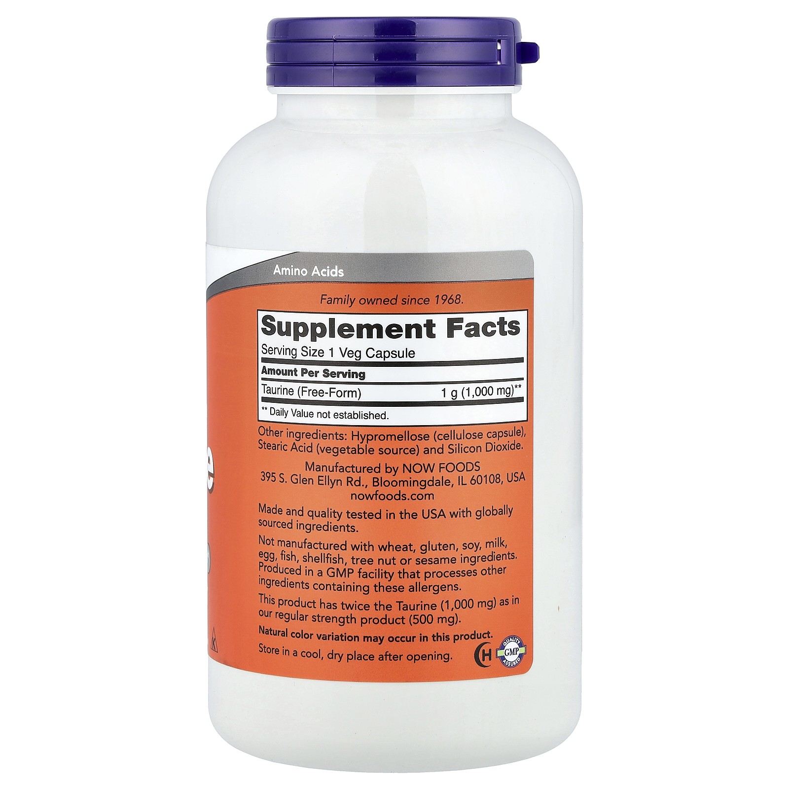 Now Foods Taurine Double Strength 1 000 mg 250 Veg Capsules GMP Quality Assured,