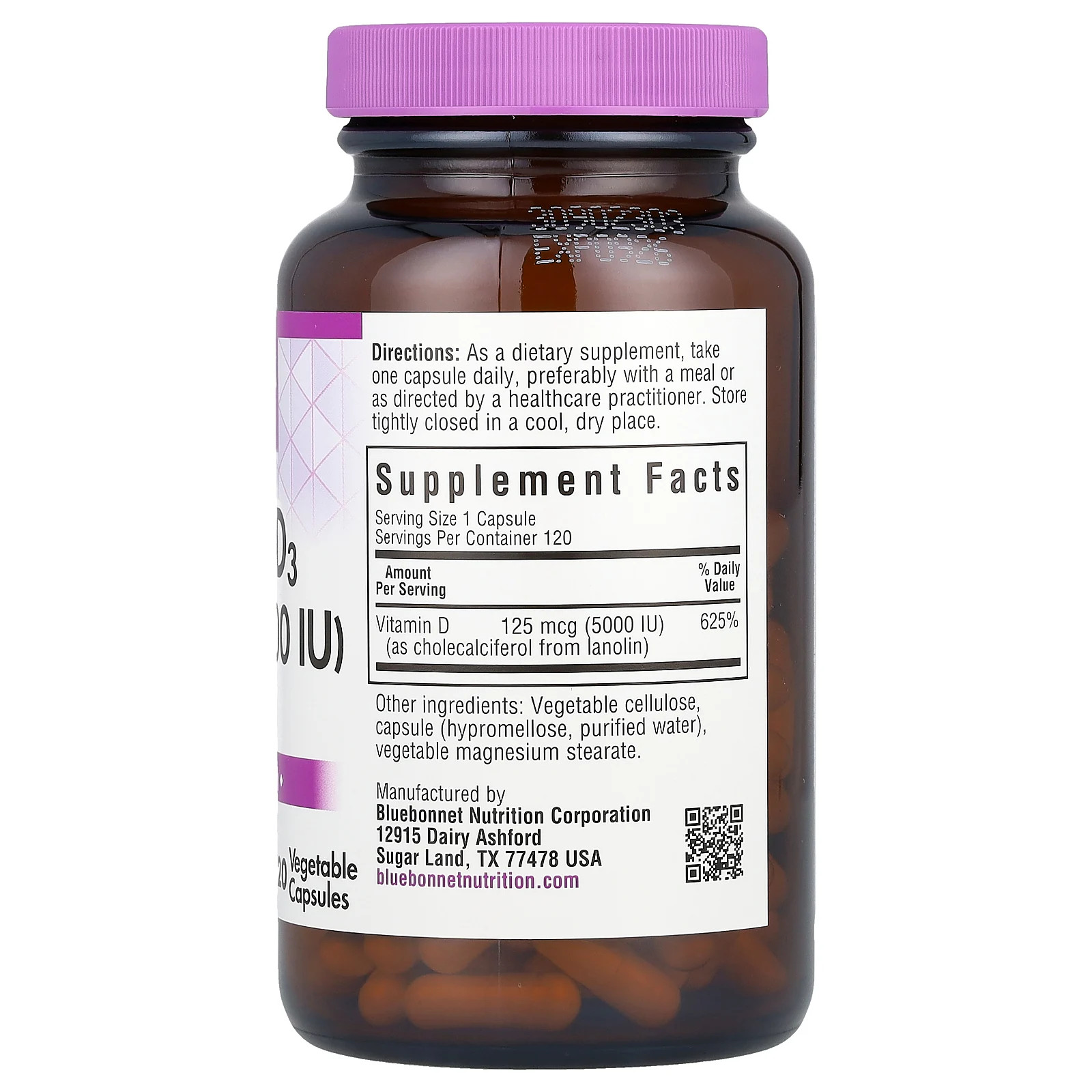 Bluebonnet Nutrition Vitamin D3 5000 IU 120 Veggie Caps Egg-Free, Fish Free,