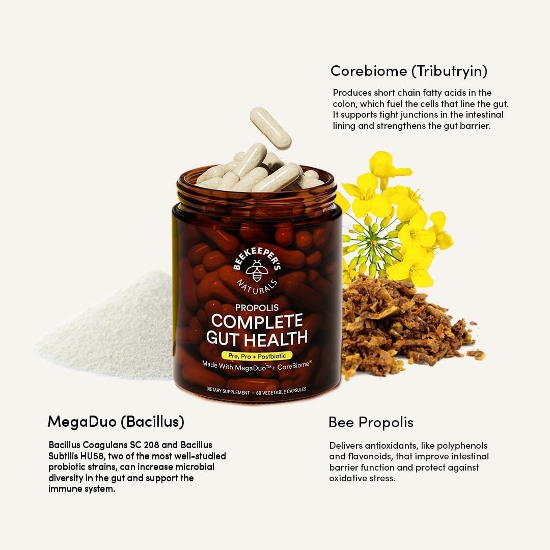 Complete Gut Health by Beekeeper’s Naturals, 3-in-1 Prebiotic – 60 Capsules