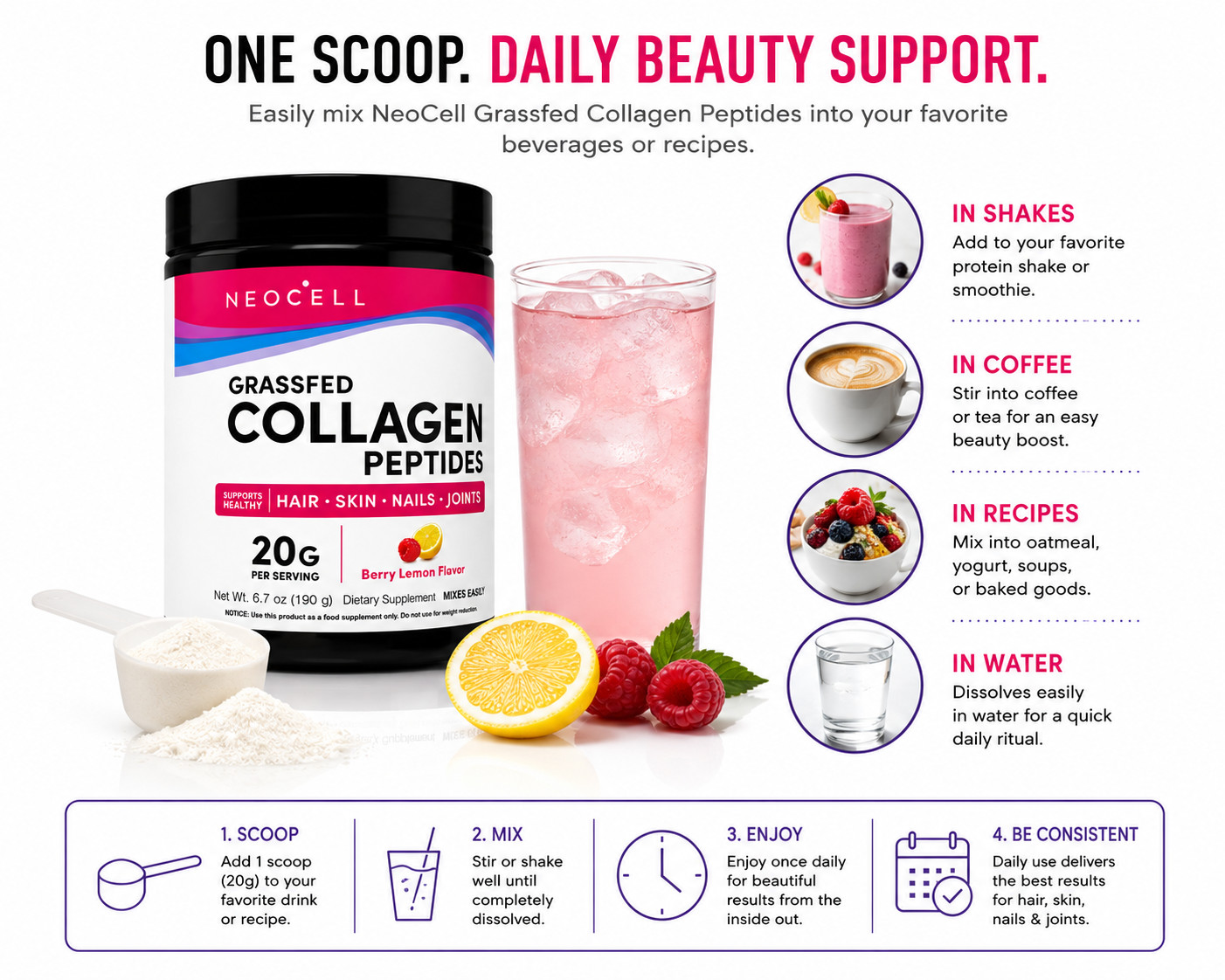 NeoCell Super Collagen Peptides Powder Berry Lemon 6.7 Oz