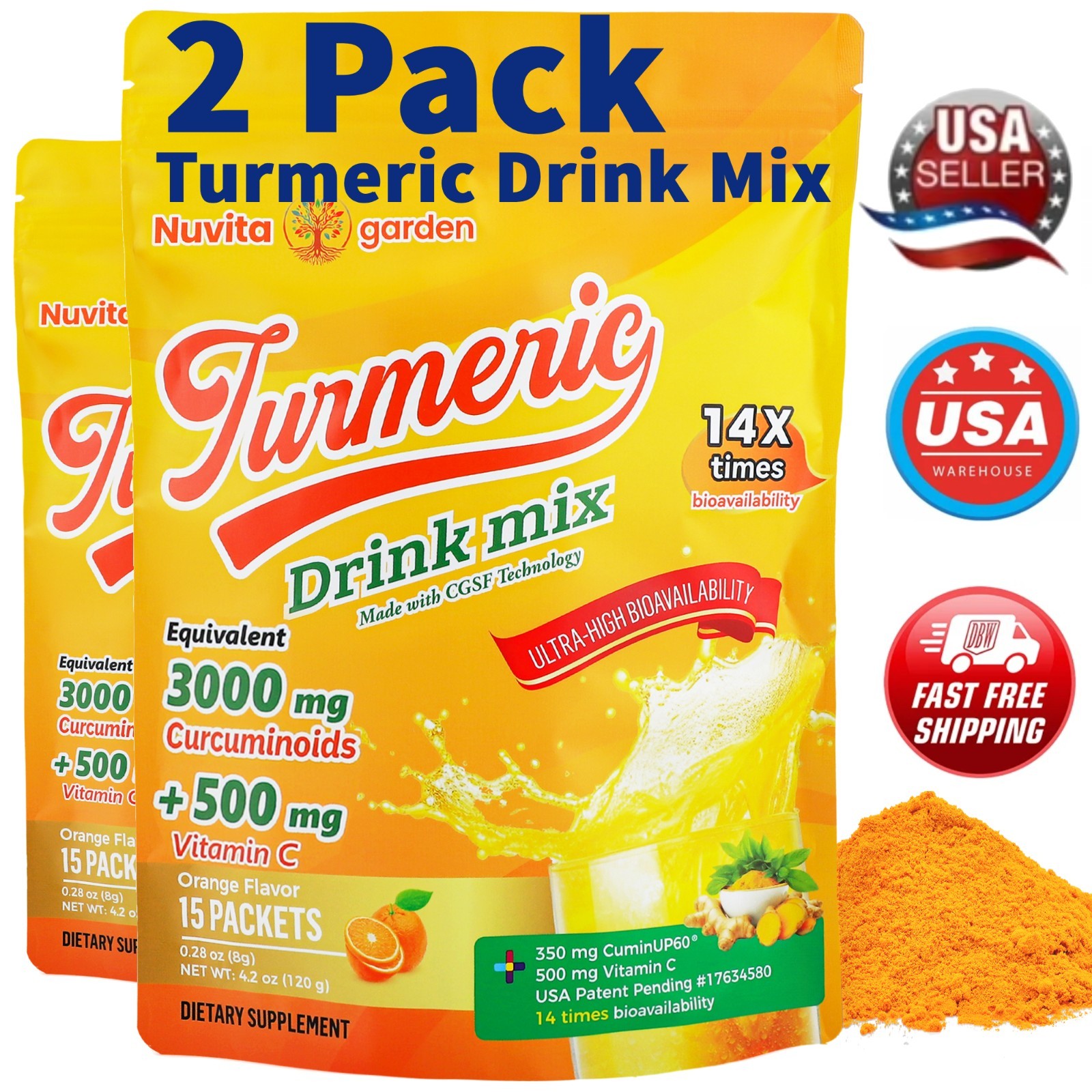 Turmeric Curcumin Drink Mix with Vitamin C, 3000mg Curcuminoids – Non-GMO