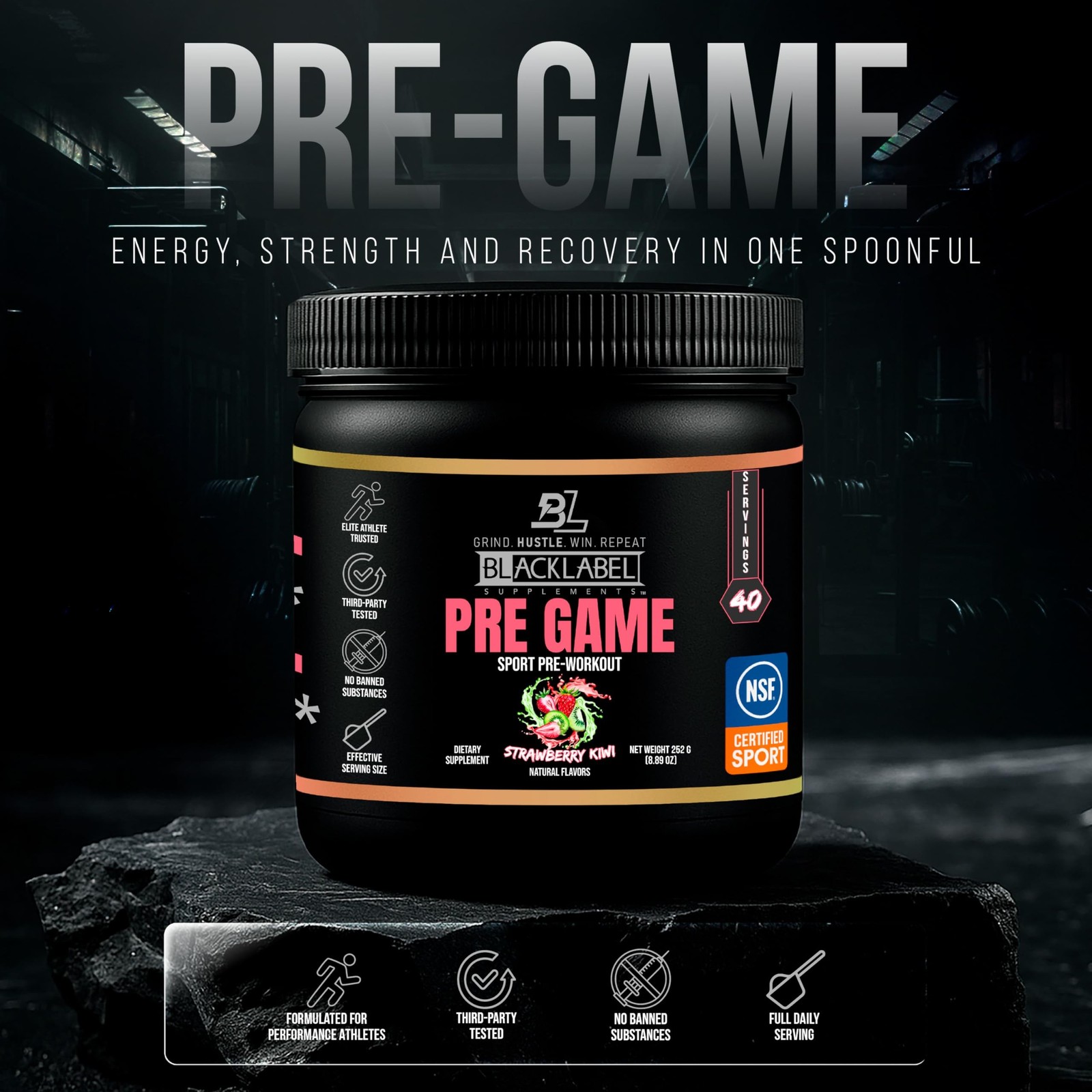Blacklabel PRE-Game NSF Certified for Sport Pre-Workout (Strawberry Kiwi) | C…