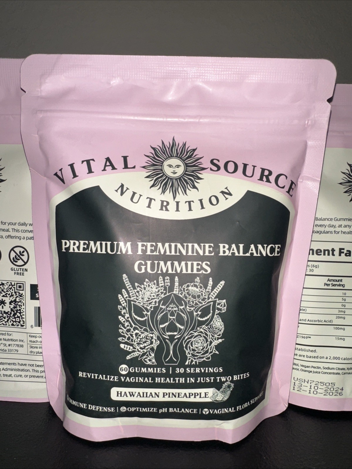 Lot Of 3 Pineapple Vital Source Nutrition Premium Feminine Balance Gummies 60