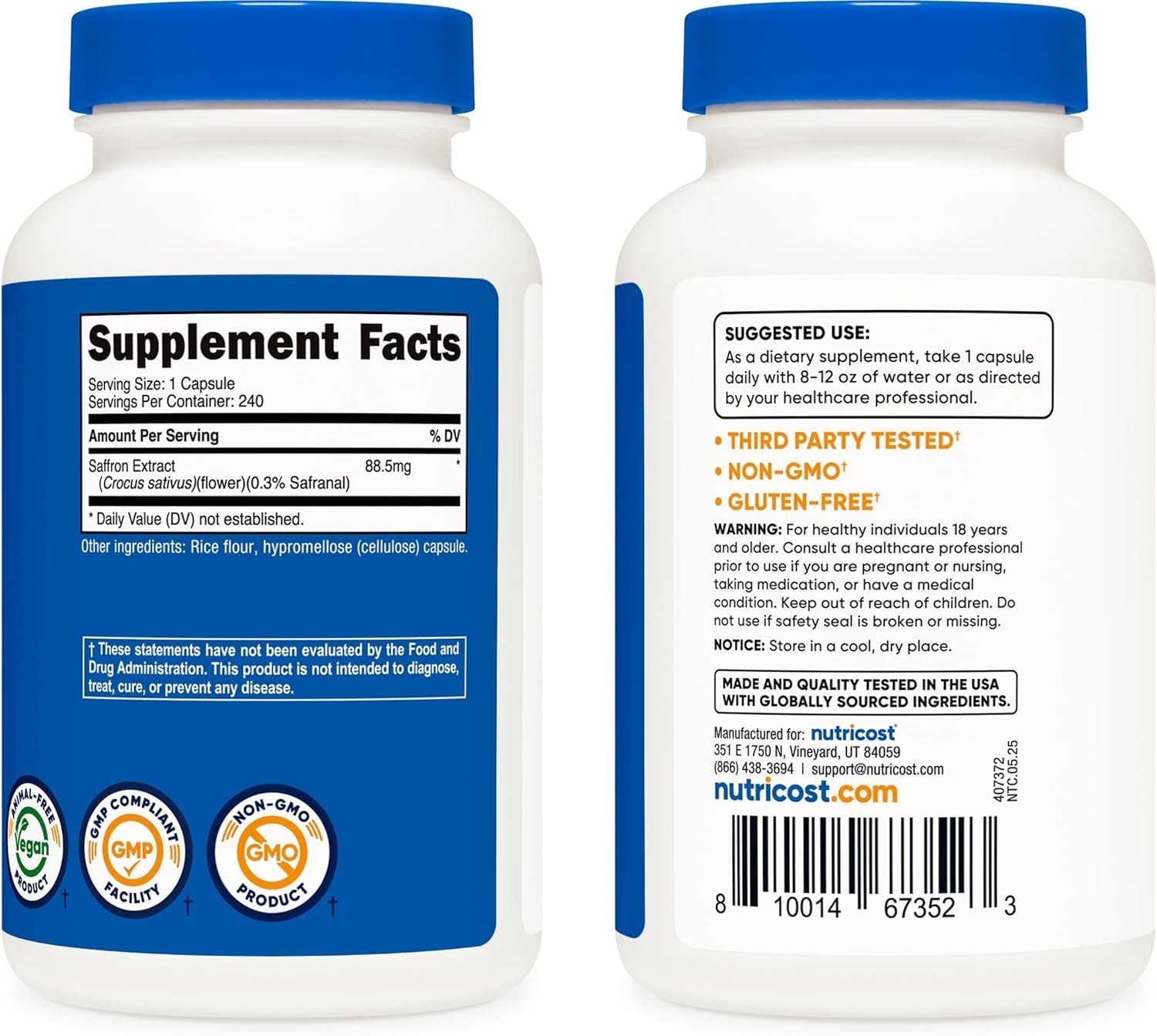 Nutricost Saffron Extract 88.5mg 240 Capsules Veggie Caps Non GMO Gluten Free