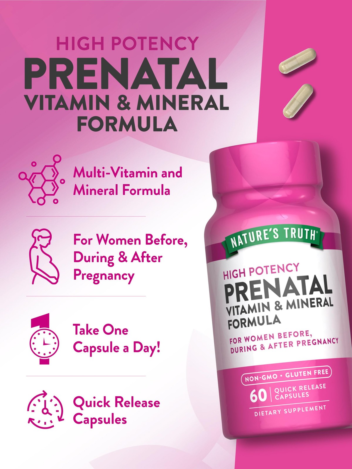 Nature’s Truth Prenatal Multivitamin 60 Count One Per Day Folic Acid Non Gmo