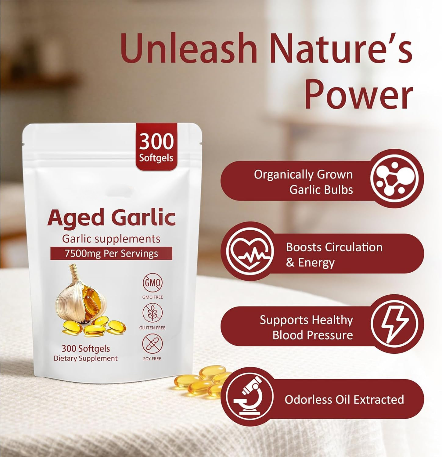 Primus Aged Garlic Extract 7500mg Odorless, Garlic Extract Capsules 300 Softge