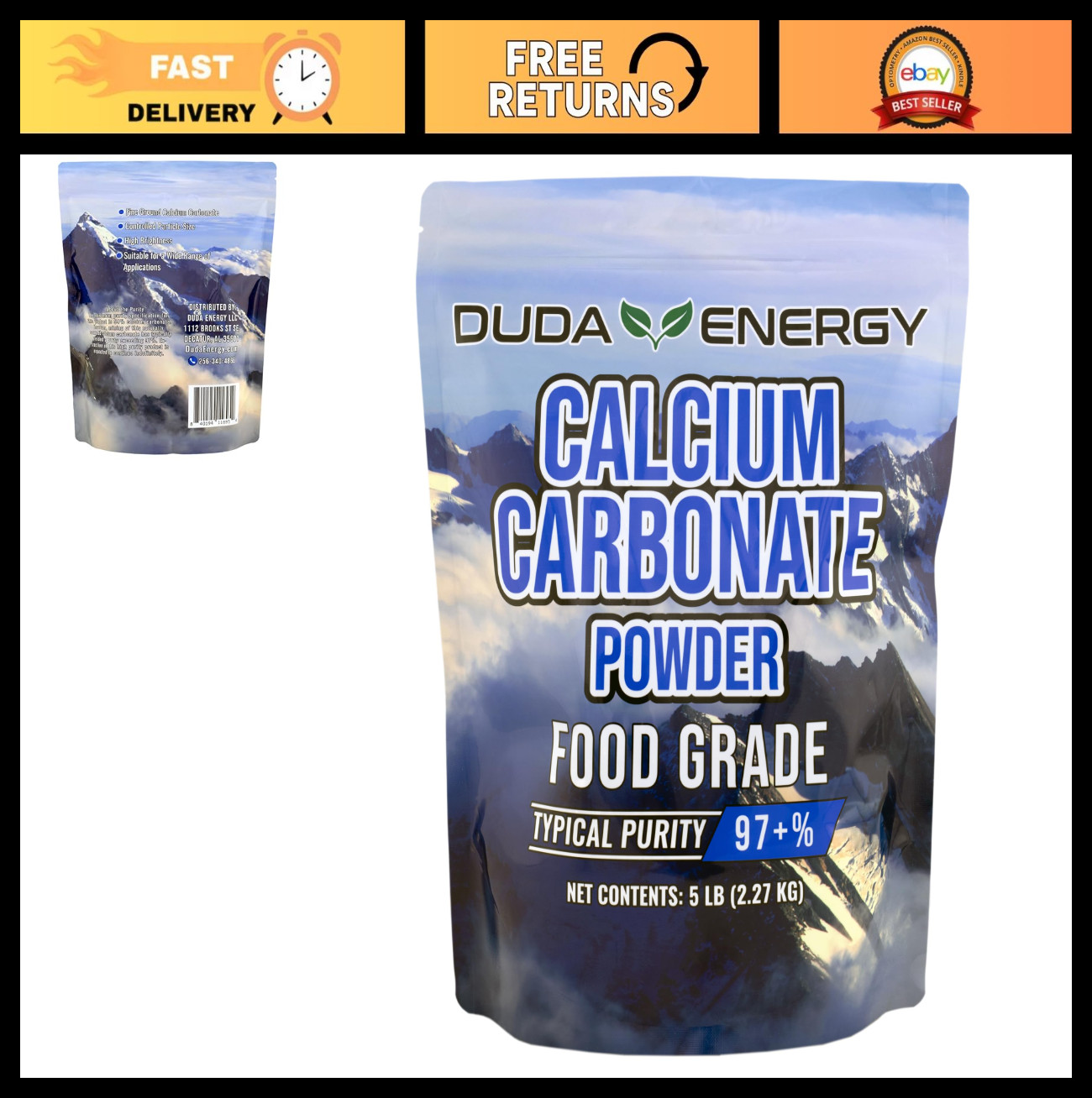 Food Grade Calcium Carbonate 97% Pure, Ground Limestone, 5 lb for Baking & Suppl