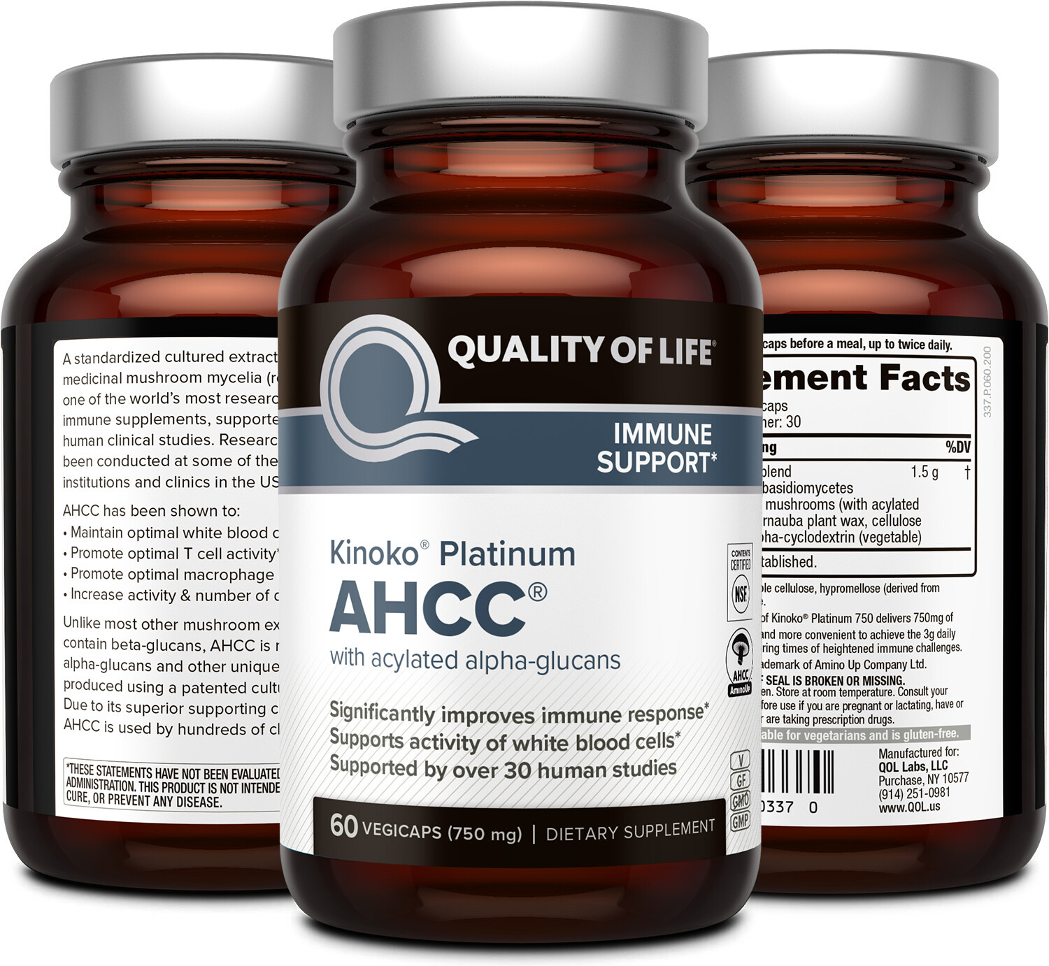 Kinoko Platinum AHCC 750 mg – Immune Supplement – Quality of Life – 60 Count