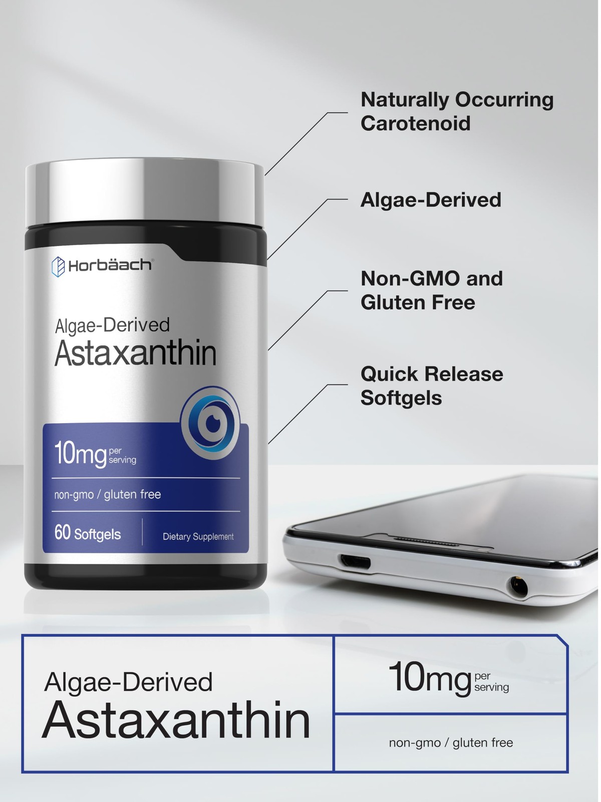 Horbäach Astaxanthin Supplements | 10mg | 60 Softgels | 60 Count (Pack of 1)
