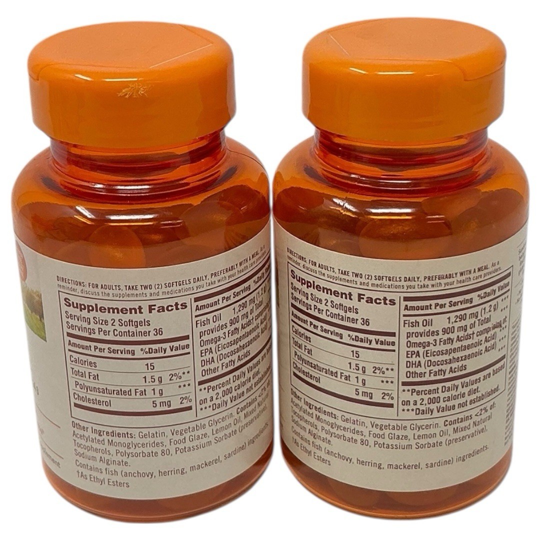 Lot of 2- Sundown Odorless Fish Oil, 1290mg, Omega 3 Supplement, Supports Heart