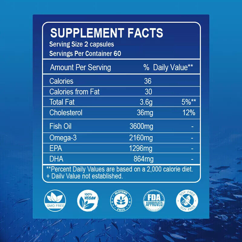 Omega 3 Fish Oil 120 Capsules Triple Strength 3600 mg w/ EPA & DHA Joint Support