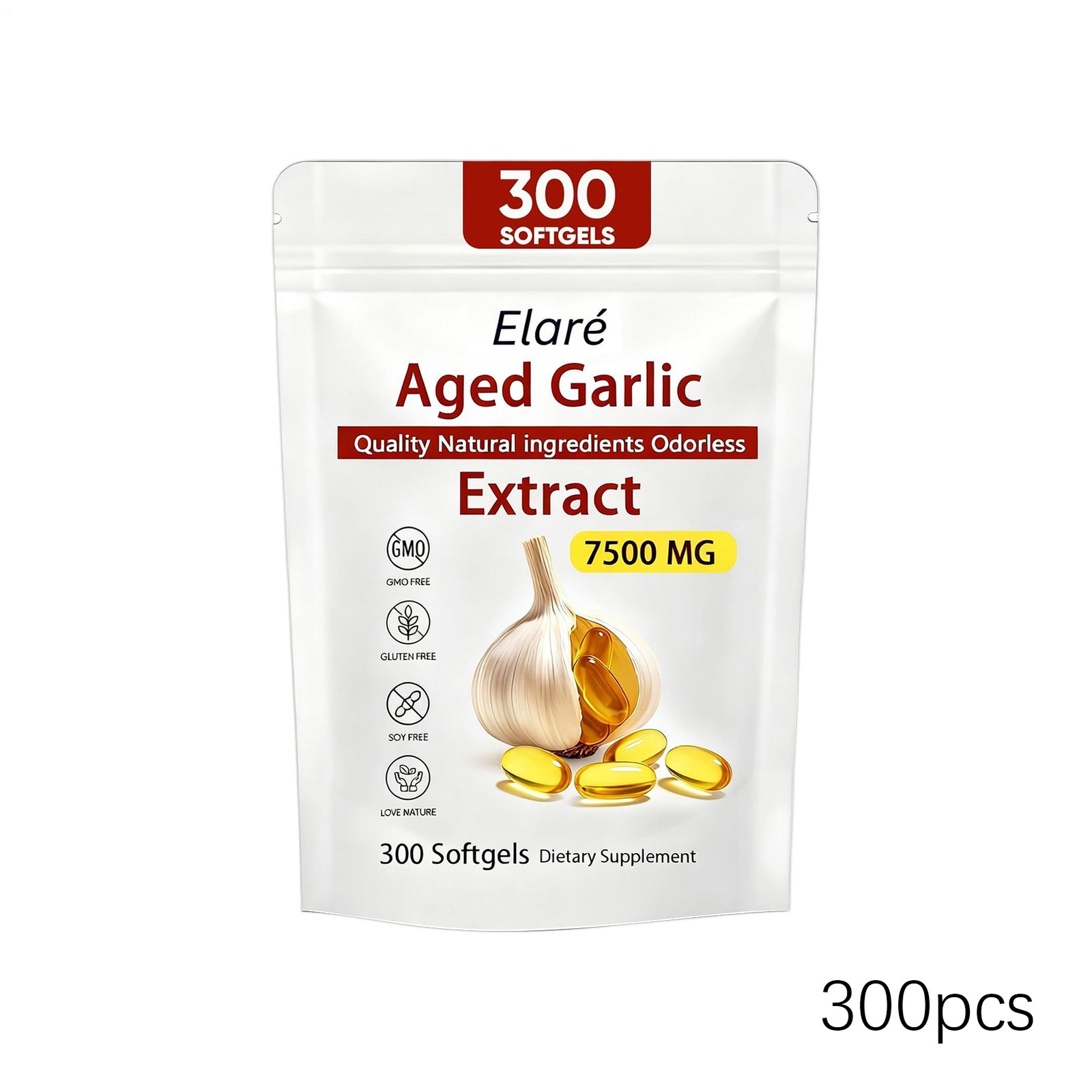 Elare Aged Garlic Heart 300 Softgels, Odorless 7500mg Extract, & Immune Pack 1-