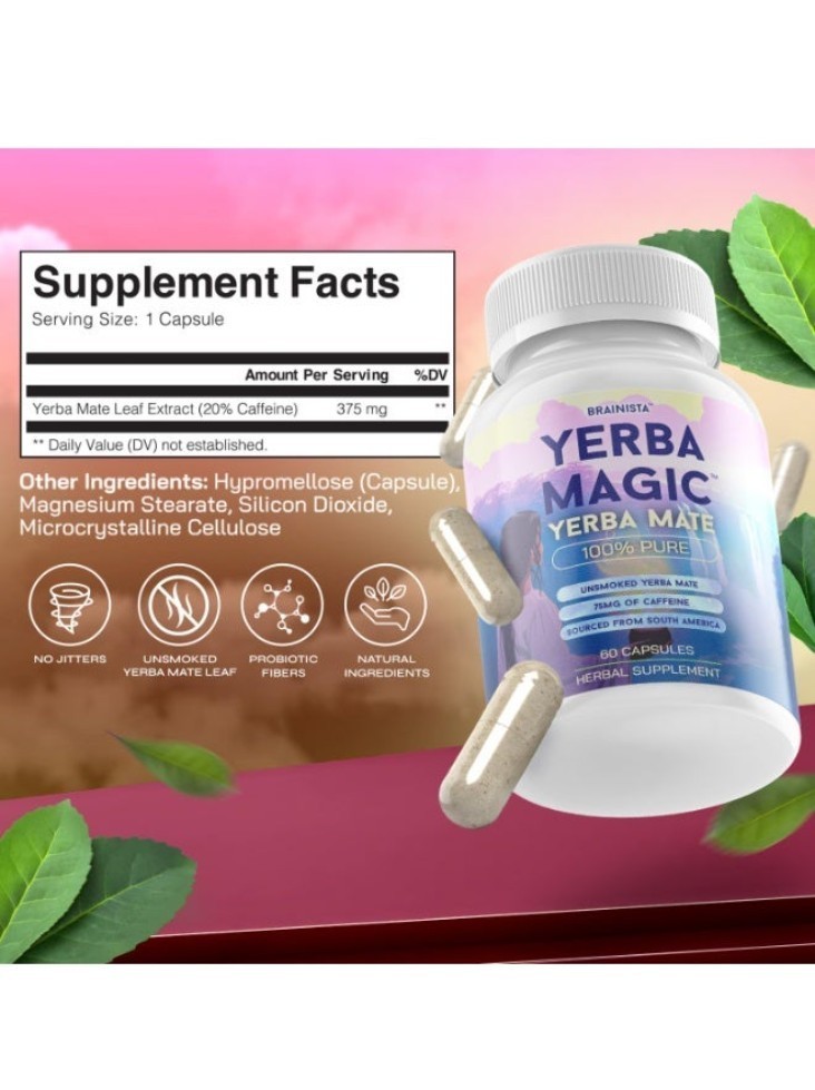 2BOTTLES-Brainista Yerba Magic:100%Pure Unsmoked Yerba Mate,75mg Caffeine,60Caps