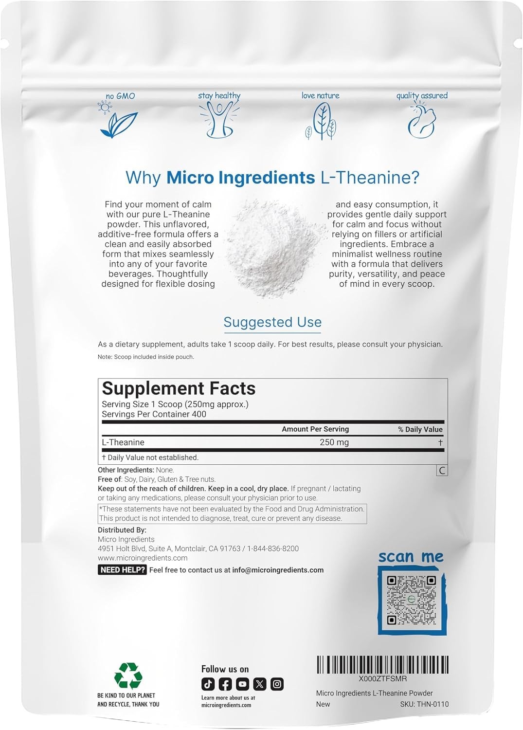 Pure L-Theanine Powder, 100 Grams 1 Supply, Filler Free, No GMOs and Friendly
