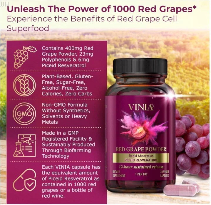 Rapid Absorption Red Grape Powder Piceid Resveratrol 60 Veggie Capsules Vinia