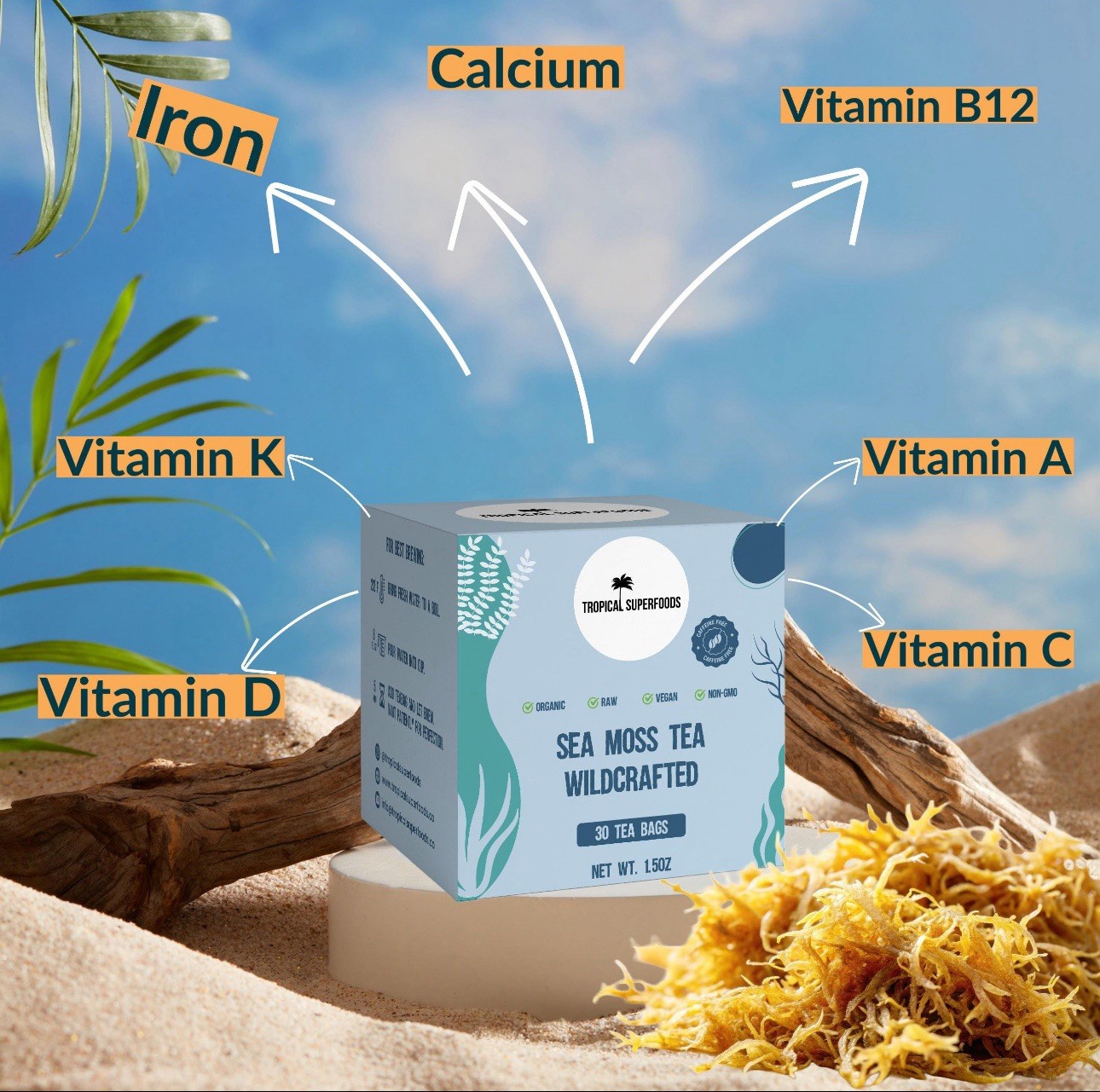 Organic Sea Moss Tea Bags 🌿 Pure Ocean Harvested | 92 Minerals | 30 Count