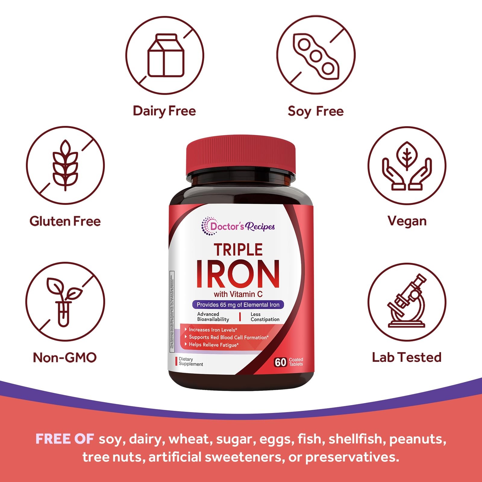 Iron Supplement for Women & Men, 65mg from Ferrous Bisglycinate Sulfate Carbo…