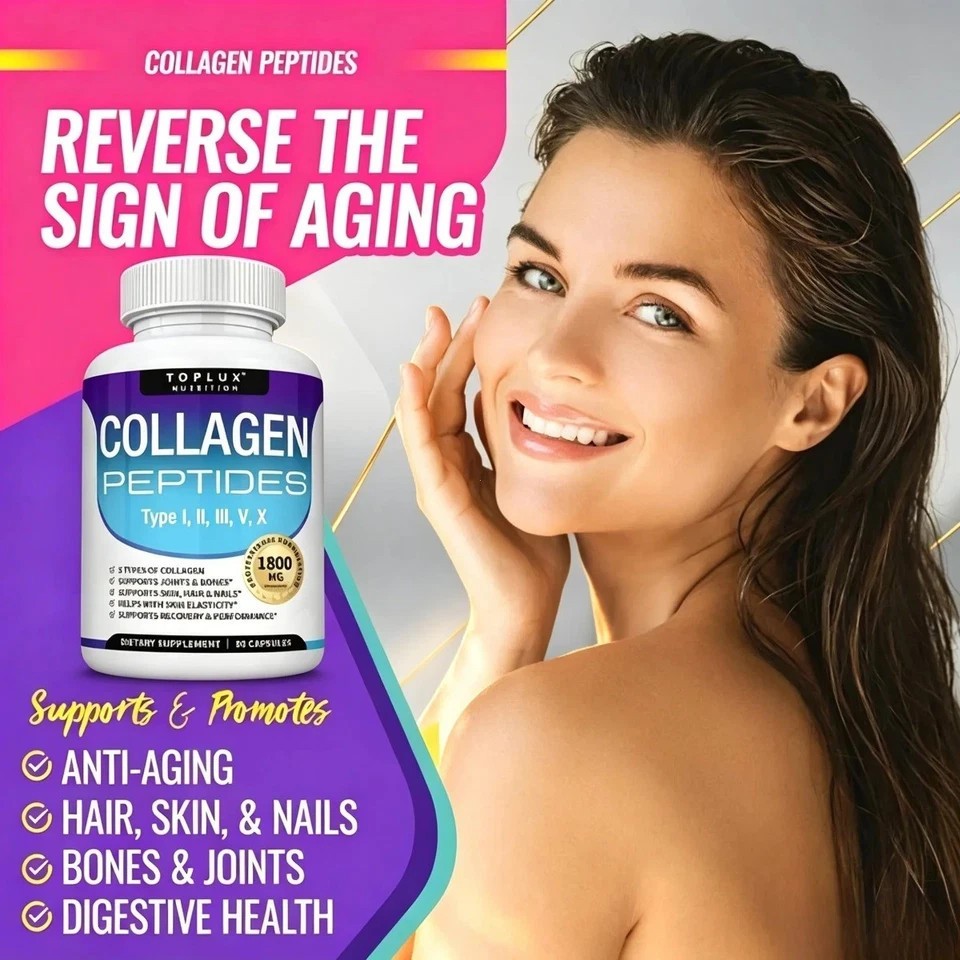 Toplux Nutrition 5-Type Collagen Peptides – Skin & Joint Support, 90 Capsules