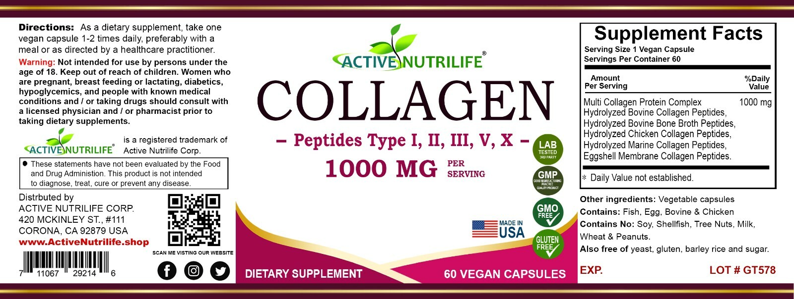 Collagen Peptides 60 Capsule 1000 MG Hydrolyzed Anti-Aging (Types I,II,III,V,X)