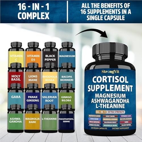 StrongVit Cortisol Supplements for Women and Men with Magnesium, Ashwagandha & L