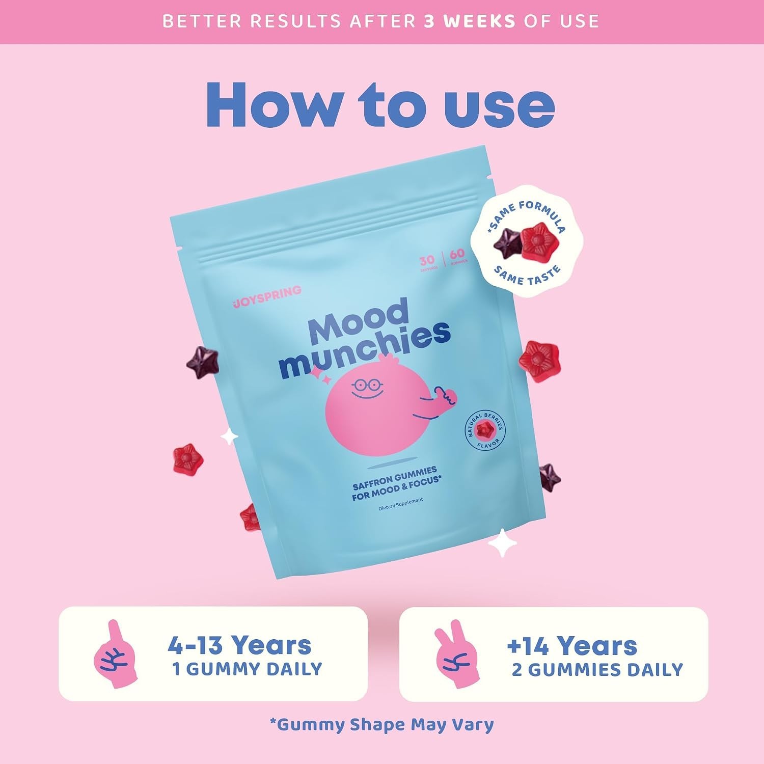JoySpring 3 Mood Munchies Saffron Gummies for Kids | Saffron Extract Supplement