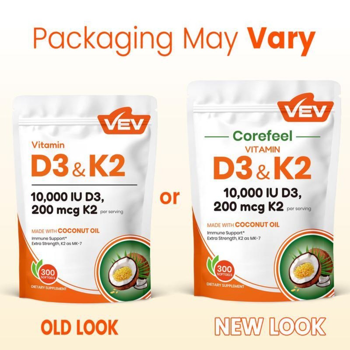 VEV Vitamin D3 K2 MK7 Softgels,10000IU D3 +200mcg K2 Coconut Oil,300 Count 3PCS