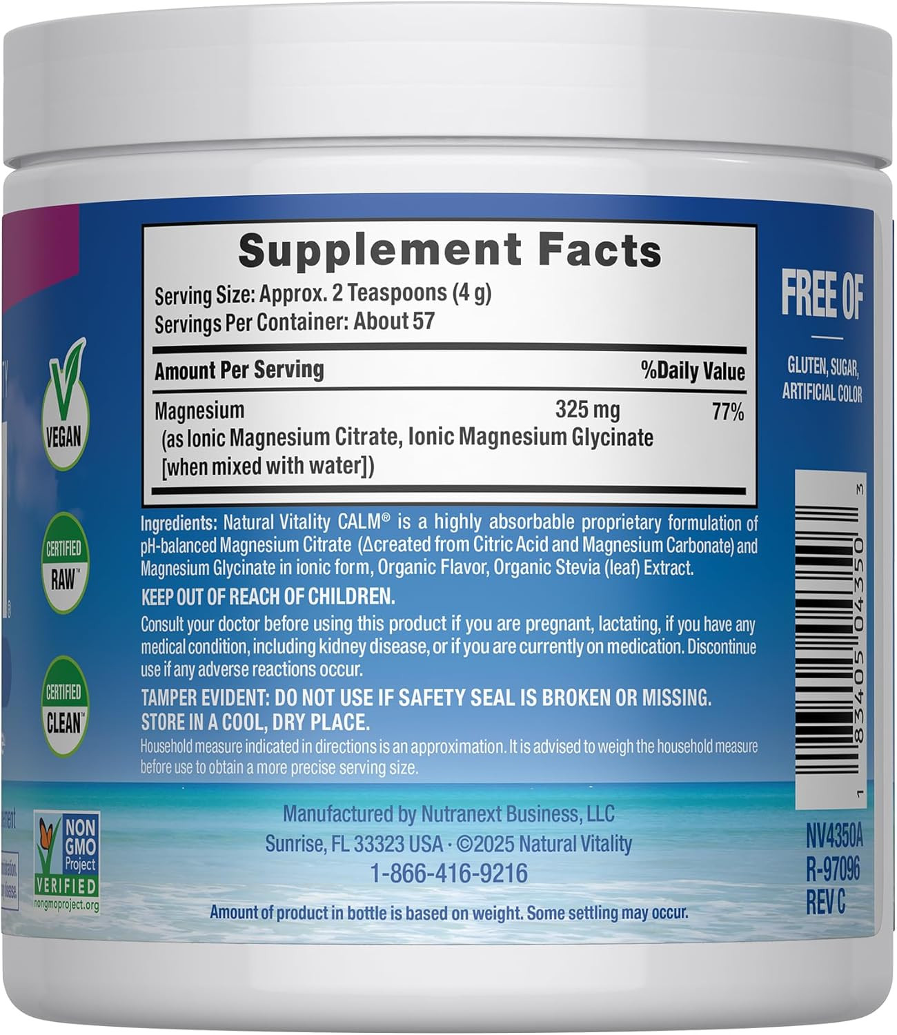 NATURAL VITALITY Raspberry Lemon Calm Magnesium Drink Mix, 8 OZ