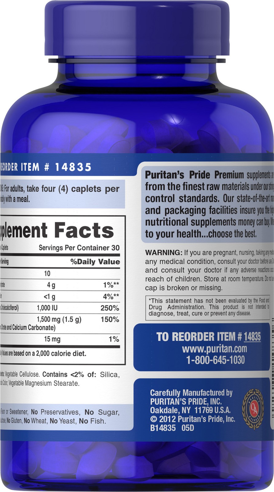 Puritan’s Pride Calcium 1500 mg with Vitamin D 1000 IU – 120 Coated Caplets