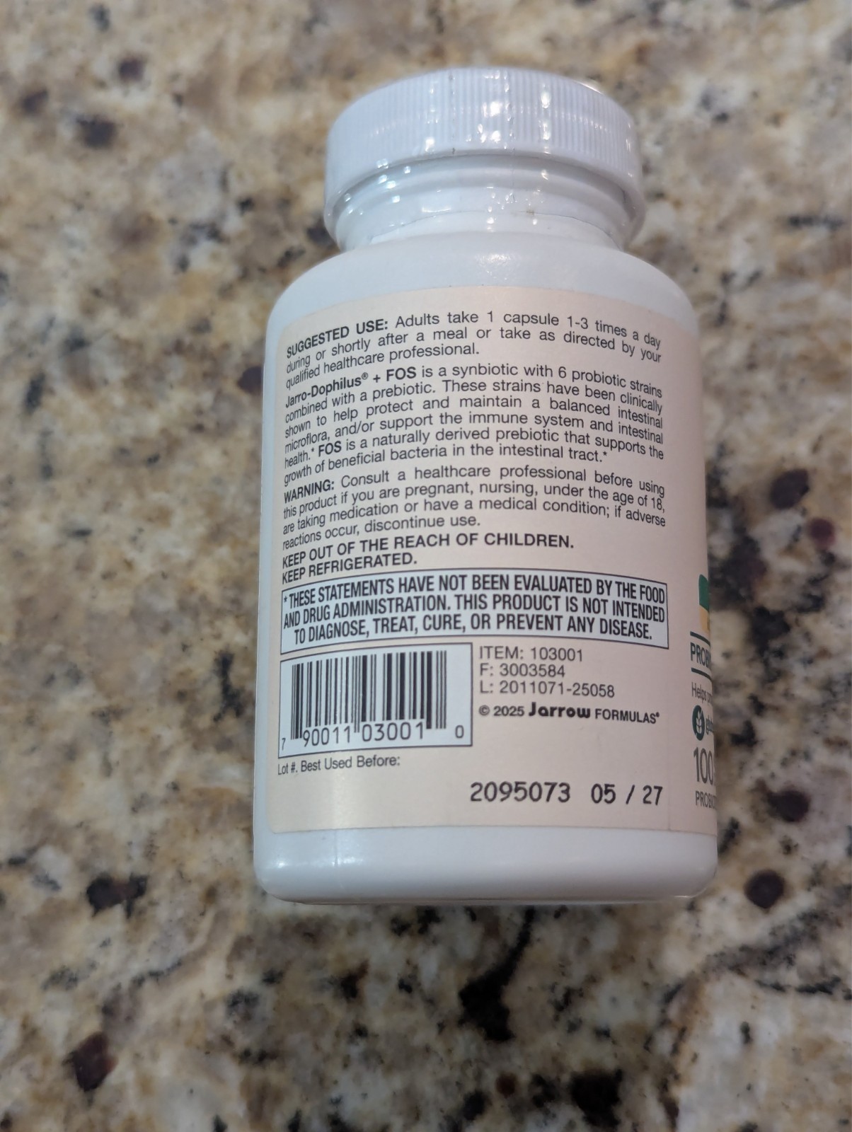 Jarrow Formulas Jarro-Dophilus FOS 3.4 billion CFU Probiotic 100 caps exp: 5/27