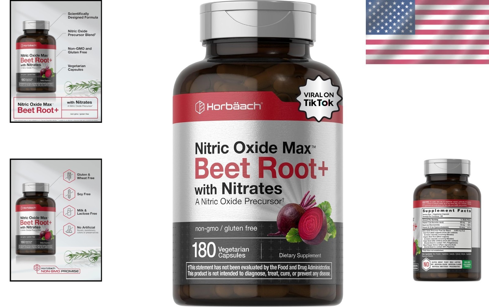 Nitric Oxide Beet Root Capsules | With Nitrates | 180 Count | by Horbaach