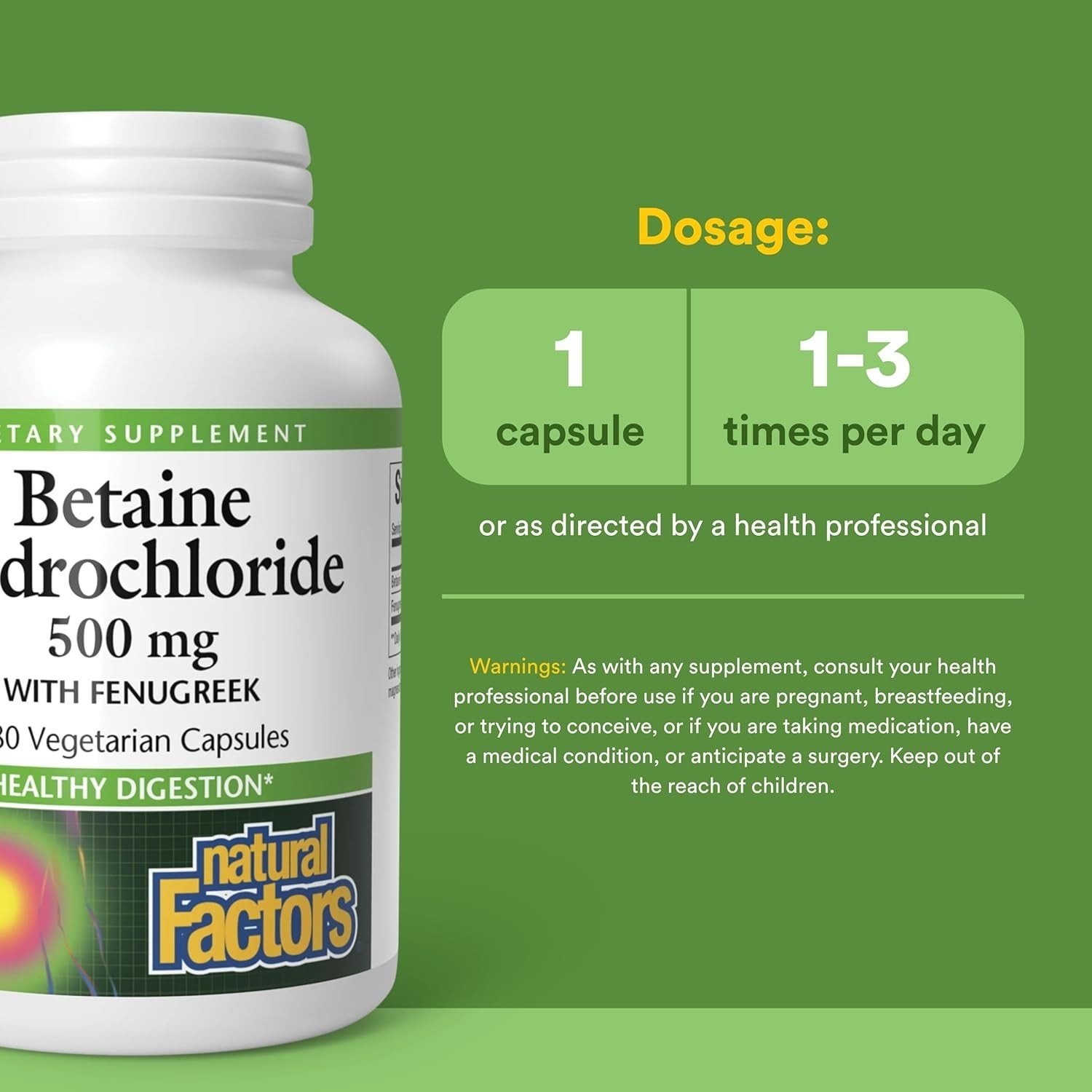 Natural Factors Betaine Hydrochloride with Fenugreek 500 mg [180 Capsules]