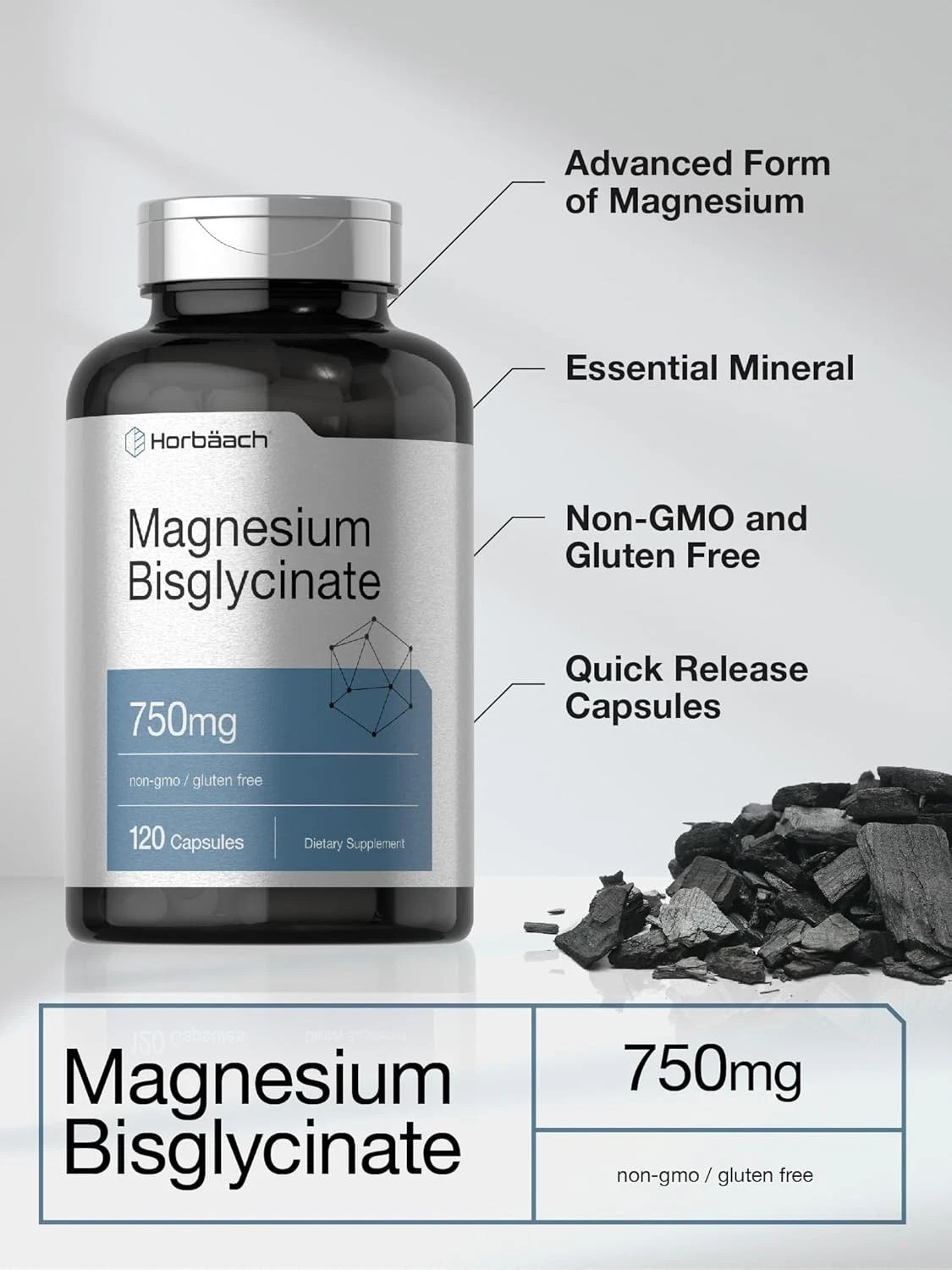 Horbaach Magnesium Bisglycinate, 120 Capsules, 750Mg, Non-Gmo Supplement