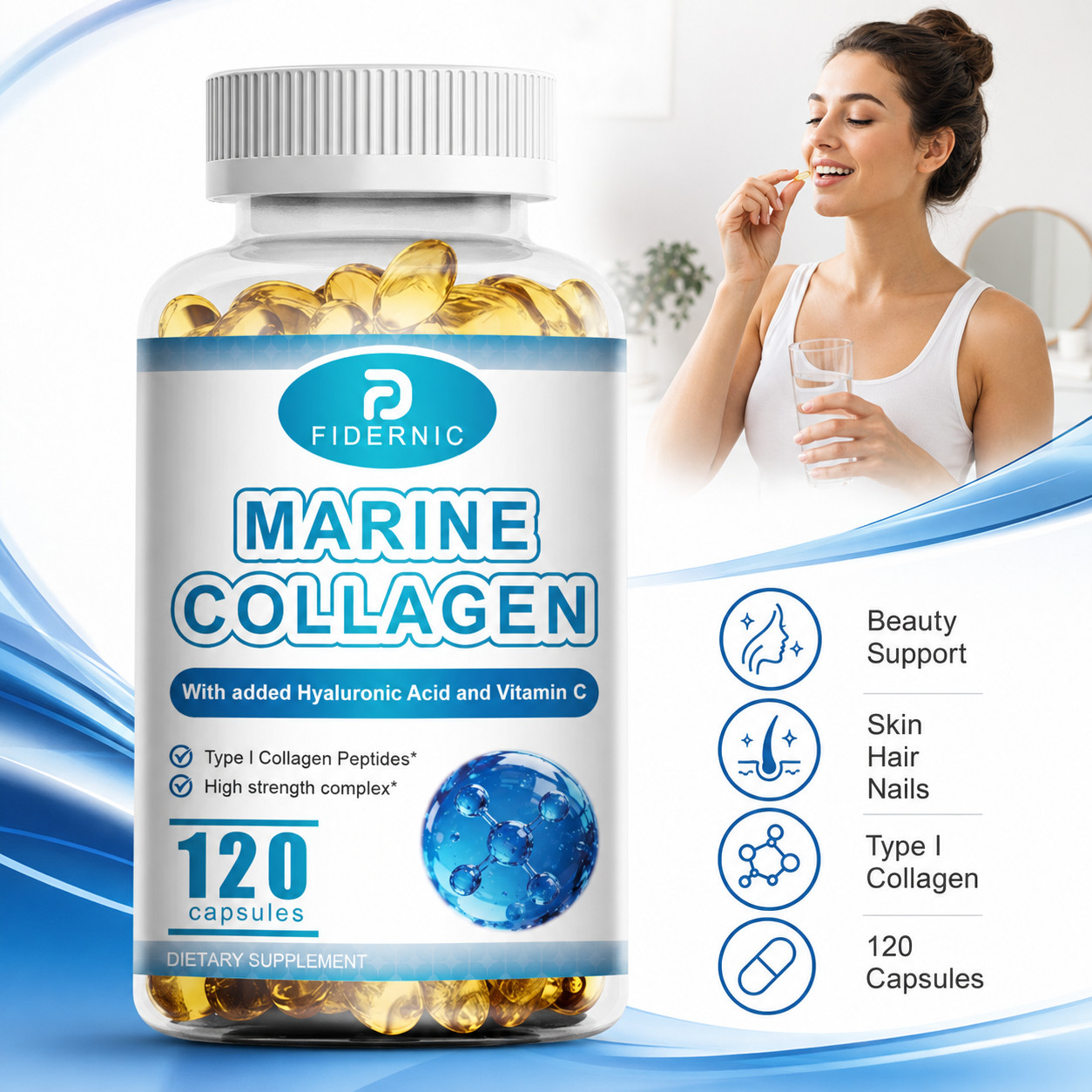 Hydrolyzed Marine Collagen 1300mg Type 120 Capsules Skin Hair Supplement
