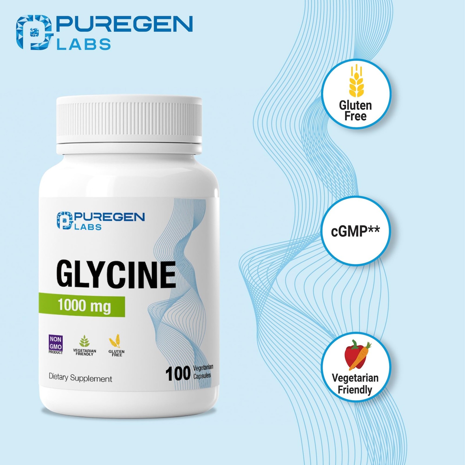 Puregen Labs Glycine 1000mg [High Potency] 100 100 Count (Pack of 2)