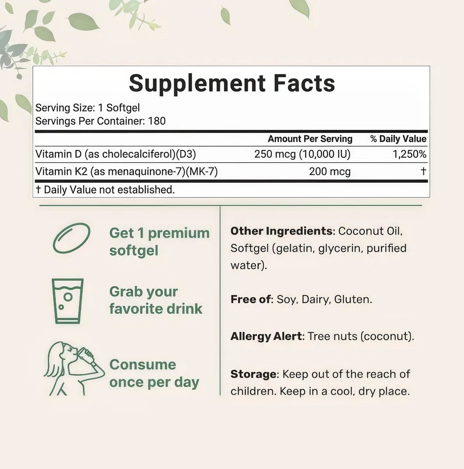 Vitamin D3 10000 iu Plus K2 (MK-7) 200 mcg, 300 Virgin Coconut Oil Softgels