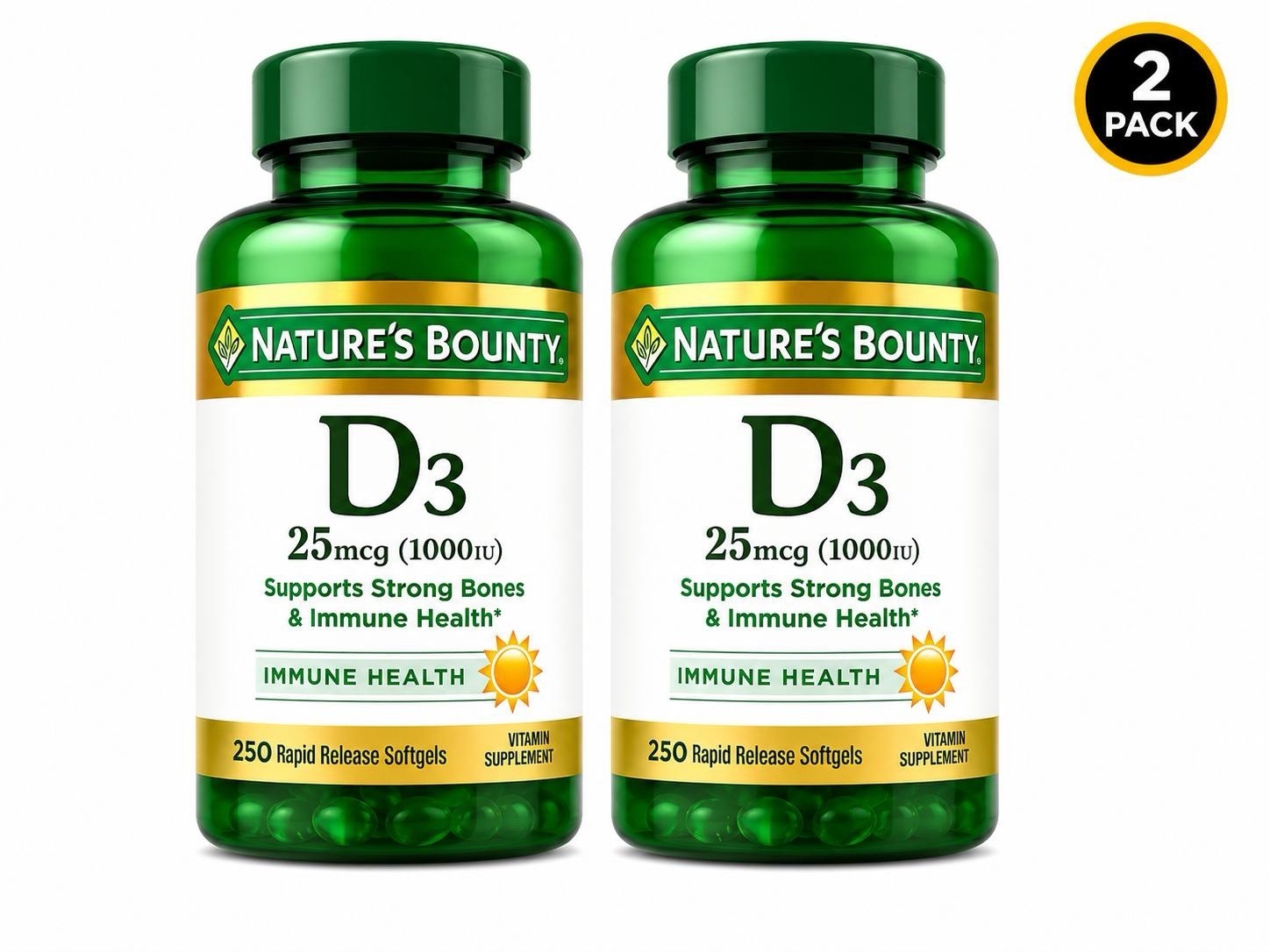 (2 Pack) Nature’s Bounty D3 25mcg 250ct Each Exp: 03-2029+ M36