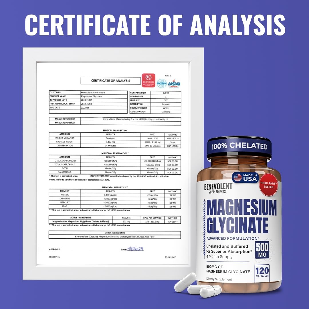 Benevolent Magnesium Glycinate 500mg – Chelated & 120 Count (Pack of 1)