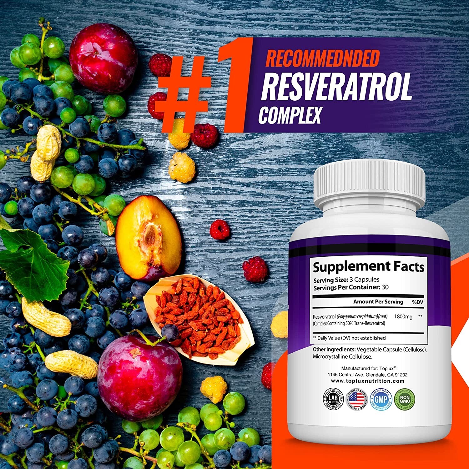 Resveratrol Maximum 1800 MG Strength Natural (90 CAPSULES) AntiAging Antioxidant