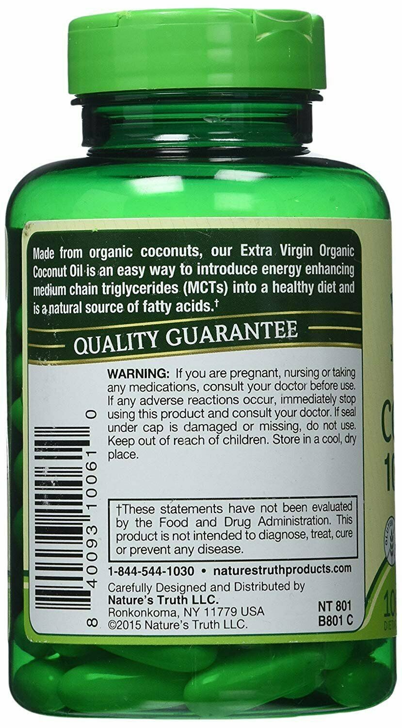 Nature’s Truth Extra Virgin Coconut Oil Quick Release Softgels 1000mg 100 Count