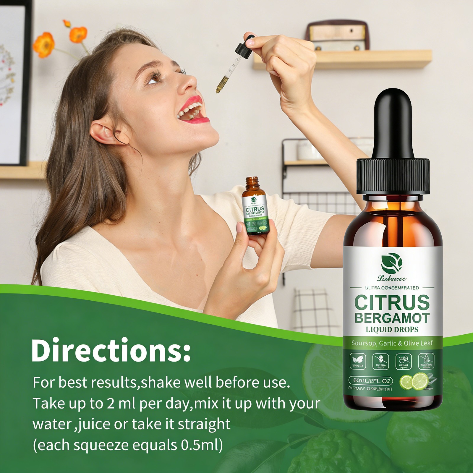 Organic Citrus Bergamot Bergamia Extract 1000 mg Liquid Drops 60ml×2 w/ Soursop